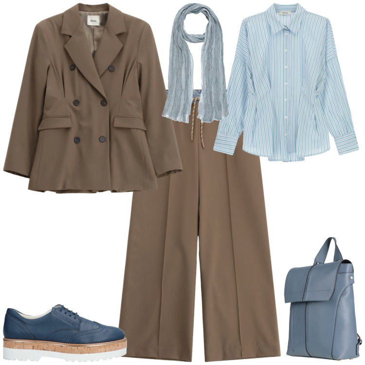 Outfit donna - Trendy ufficio week end. Stile Trendy per Ufficio. Abbinamento con scarpe stringate, sciarpe, zaini, blazer, camicie, pantaloni a palazzo.