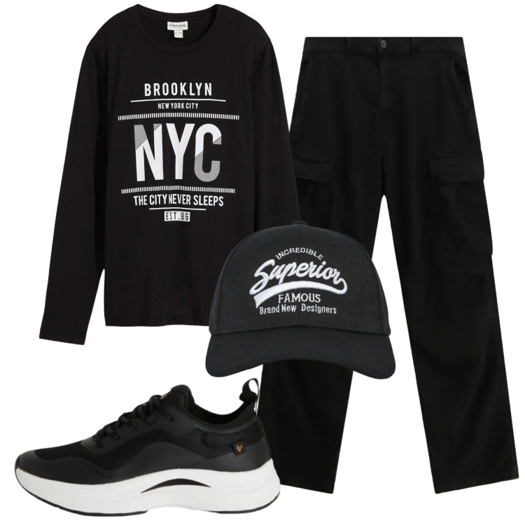 Outfit uomo - Total look #2346512. Stile Casual per Tutti i giorni. Abbinamento con maglieria, pantaloni cargo, cappelli con visiera, sneakers.