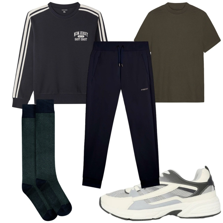 Outfit uomo - Total look #2346516. Stile Casual per Sport. Abbinamento con felpe sportive, sneakers, pantaloni, calzini, t-shirt.