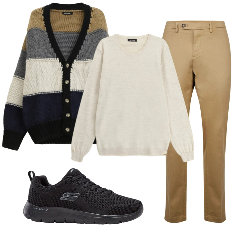 Outfit uomo - Total look #2346519. Stile Casual per Ufficio. Abbinamento con sneakers, maglieria, cardigans, pantaloni chino.