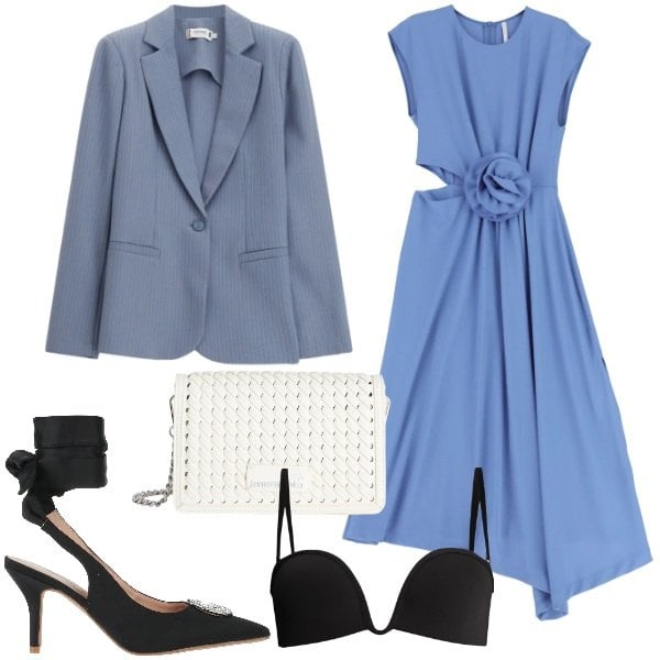 Outfit donna - Celeste per il battesimo. Stile Vintage retrò per Cerimonia. Abbinamento con décolleté, borse a tracolla, vestiti midi/longuette, blazer, reggiseni.