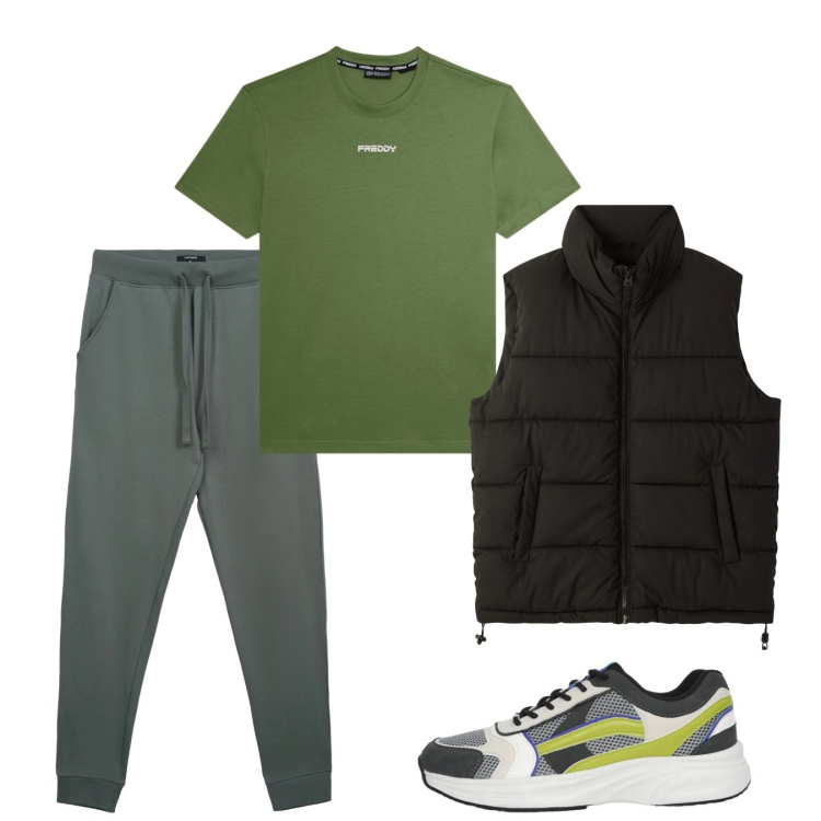 Outfit uomo - Febbraio. Stile Urban per Tutti i giorni. Abbinamento con piumini, sneakers, pantaloni, t-shirt.