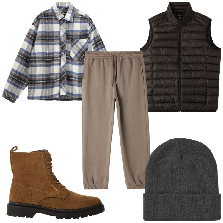 Outfit uomo - Total look #2346528. Stile Casual per Tutti i giorni. Abbinamento con camicie, anfibi, piumini, berretti, pantaloni.