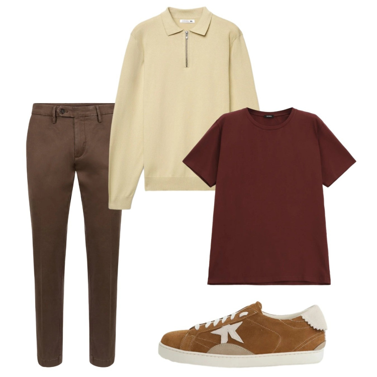 Outfit uomo - Febbraio. Stile Casual per Tutti i giorni. Abbinamento con t-shirt, sneakers, maglieria, pantaloni chino.
