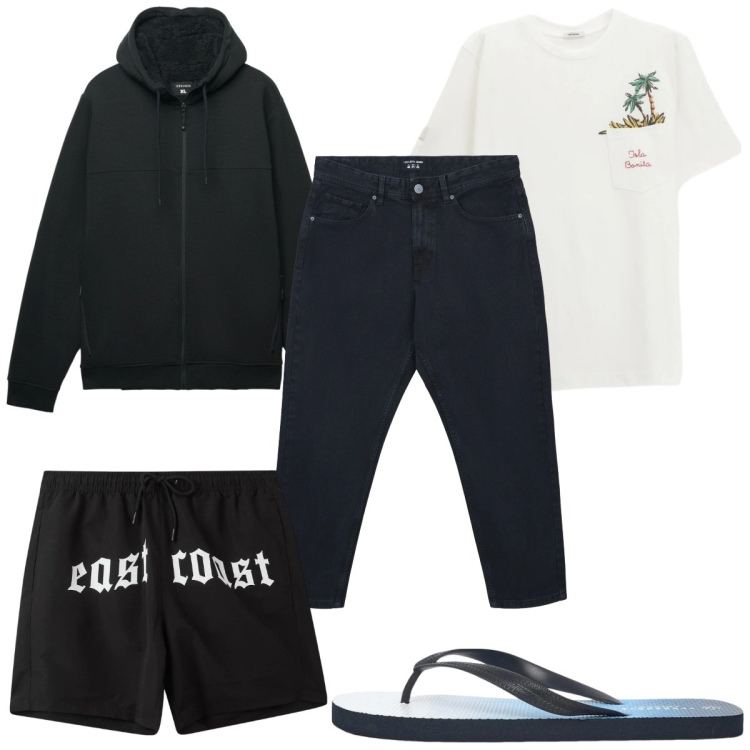 Outfit uomo - Total look #2346532. Stile Trendy per Mare. Abbinamento con sandali, costumi, jeans dritti, felpe con cappuccio, t-shirt.