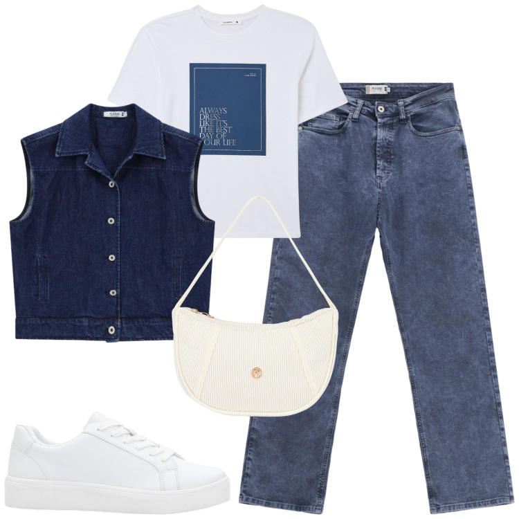 Outfit donna - Spring. Stile Casual per Tutti i giorni. Abbinamento con sneakers, t-shirt, borse a mano, jeans dritti, gilet.