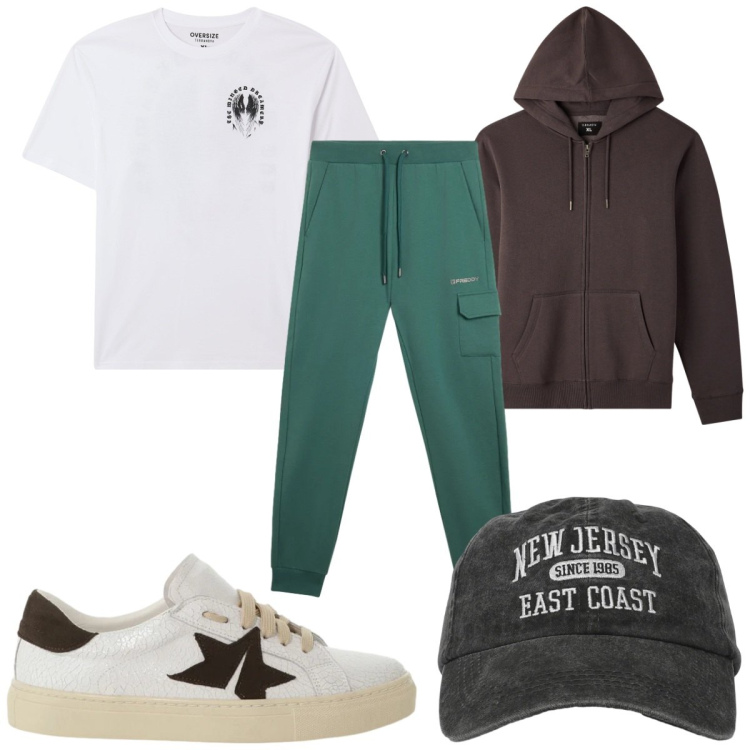 Outfit uomo - Total look #2346535. Stile Trendy per Sport. Abbinamento con sneakers, t-shirt, cappelli con visiera, felpe con cappuccio, pantaloni cargo.
