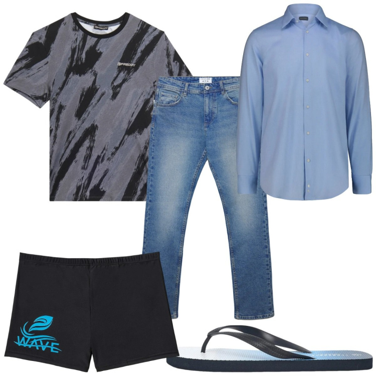 Outfit uomo - Total look #2346538. Stile Trendy per Mare. Abbinamento con costumi, sandali, jeans dritti, t-shirt, camicie.