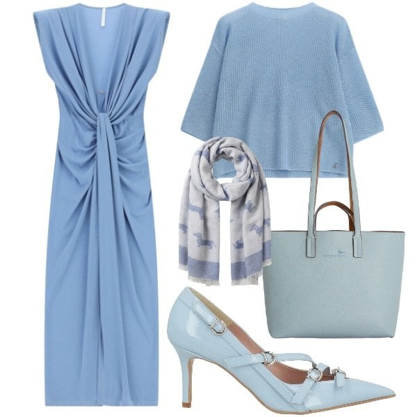 Outfit donna - Celeste per il battesimo. Stile Vintage retrò per Cerimonia. Abbinamento con décolleté, shopping bag, sciarpe, vestiti lunghi, maglieria.