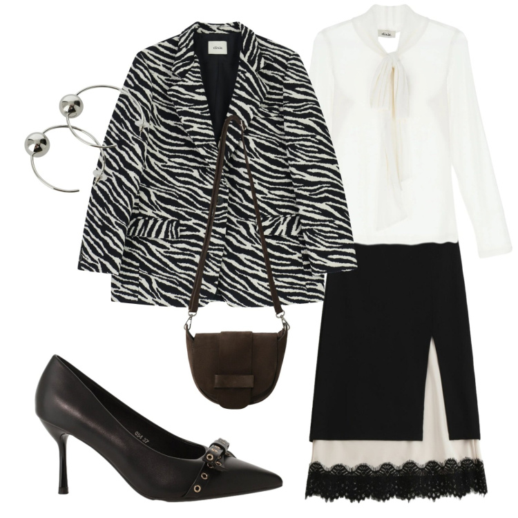 Outfit donna - Una zebra a teatro. Stile Trendy per Serata fuori. Abbinamento con décolleté, gonne longuette, top, blazer, borse a tracolla, orecchini.