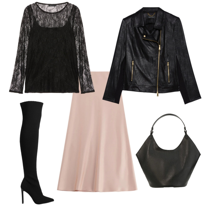 Outfit donna - Un tocco di rosa. Stile Romantica per Serata fuori. Abbinamento con stivali sopra il ginocchio, gonne lunghe, blazer, bluse, borse a spalla.