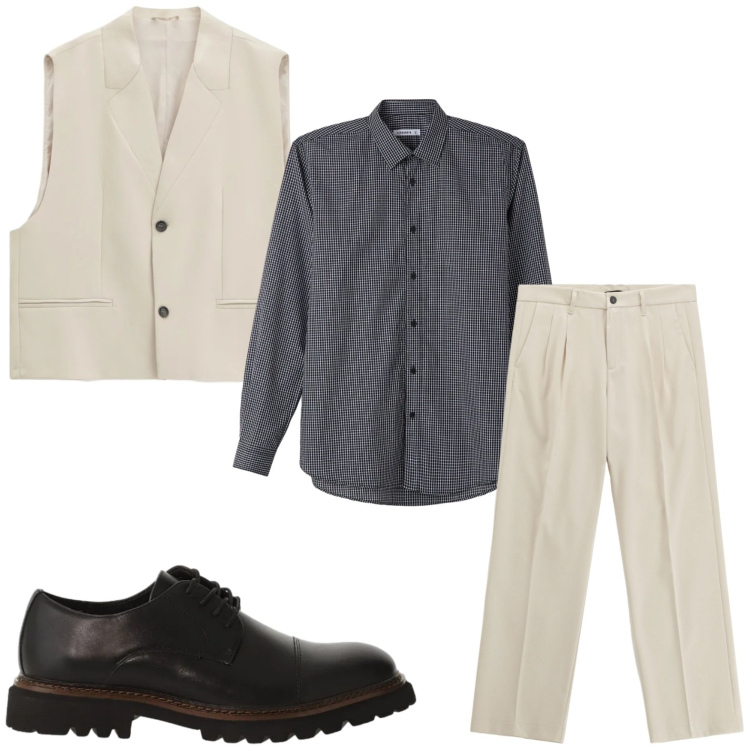 Outfit uomo - Dandy. Stile Casual per Tutti i giorni. Abbinamento con pantaloni, gilet, scarpe stringate, camicie.