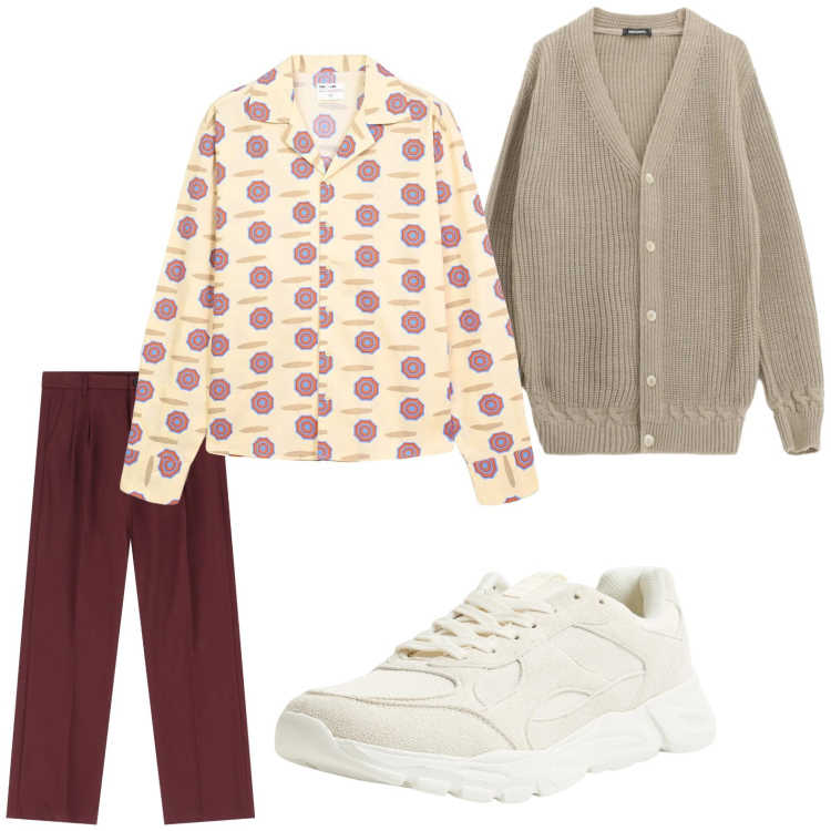 Outfit uomo - Il cardigan over. Stile Casual per Tutti i giorni. Abbinamento con sneakers, camicie, pantaloni, cardigans.