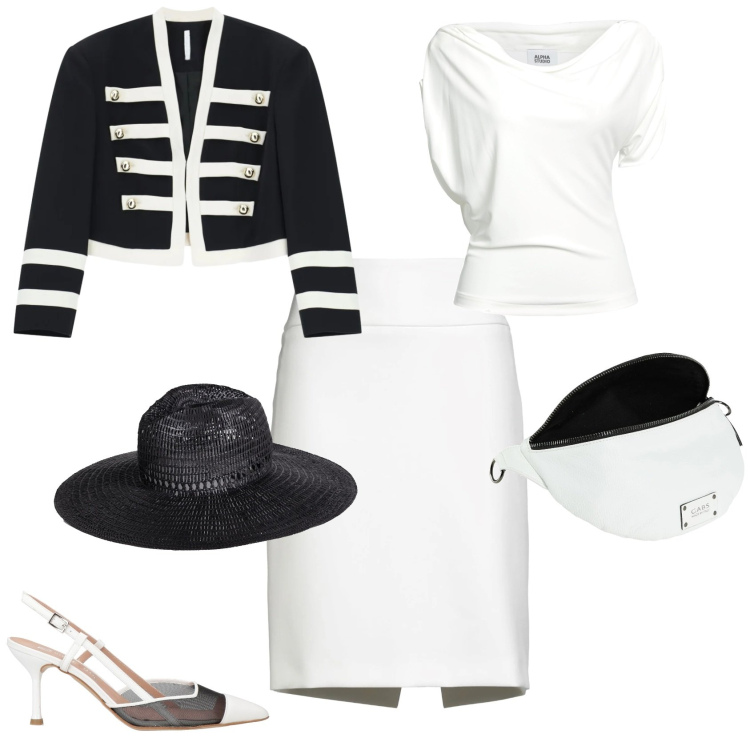 Outfit donna - Chic evento cerimonia. Stile Chic per Cerimonia. Abbinamento con minigonne, top, cappelli, décolleté, marsupi, blazer.