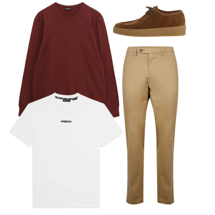 Outfit uomo - City. Stile Casual per Tutti i giorni. Abbinamento con maglieria, scarpe stringate, t-shirt, pantaloni chino.