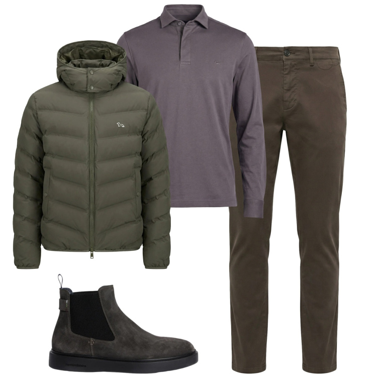 Outfit uomo - City. Stile Urban per Tutti i giorni. Abbinamento con piumini, stivali e stivaletti, polo, pantaloni chino.