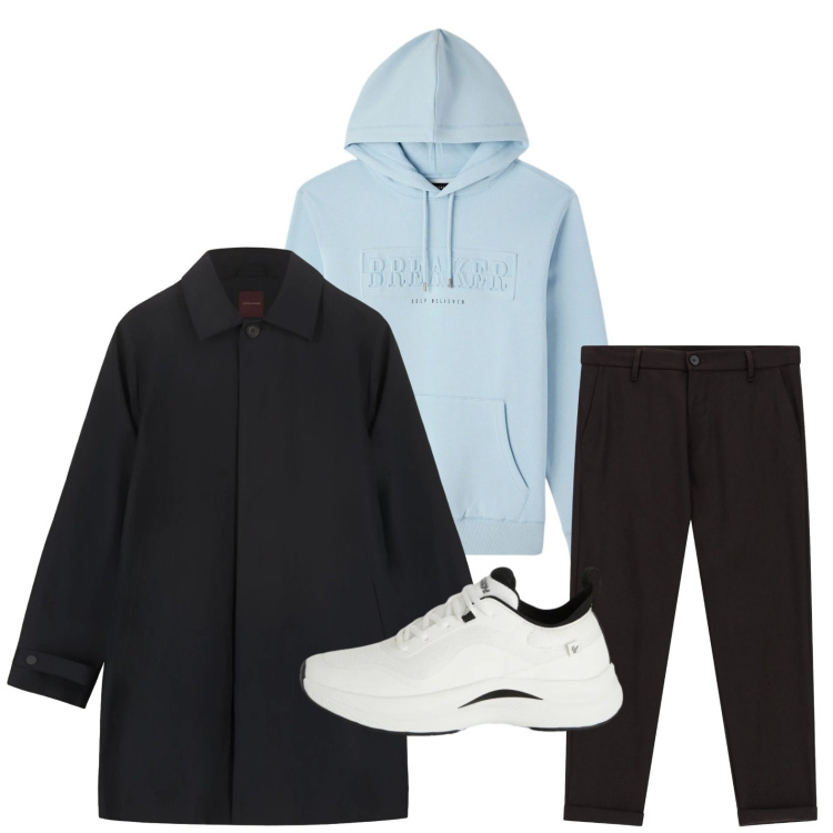 Outfit uomo - Sporty chic. Stile Trendy per Tutti i giorni. Abbinamento con pantaloni, felpe con cappuccio, sneakers, parka.