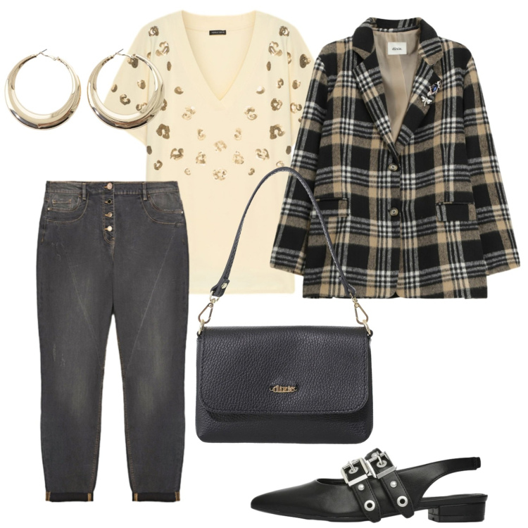 Outfit donna - Luce. per Tutti i giorni. Abbinamento con ballerine, t-shirt, jeans, borse a tracolla, orecchini, blazer.
