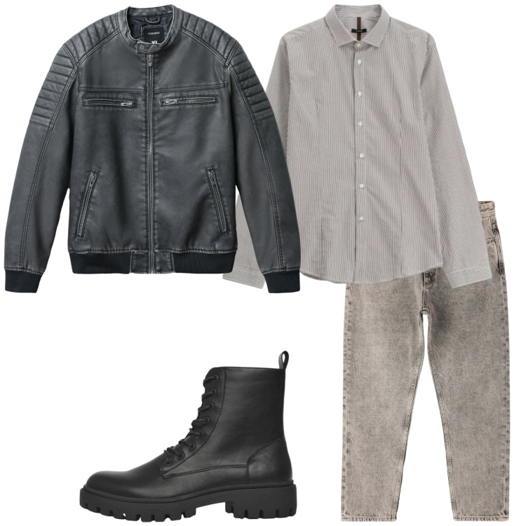 Outfit uomo - Rock. Stile Biker Rock per Tutti i giorni. Abbinamento con camicie, anfibi, jeans dritti, giacche.