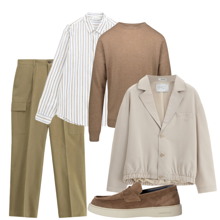 Outfit uomo - Mezzi tempi. Stile Casual per Tutti i giorni. Abbinamento con scarpe stringate, pantaloni cargo, giacche, camicie, maglieria.