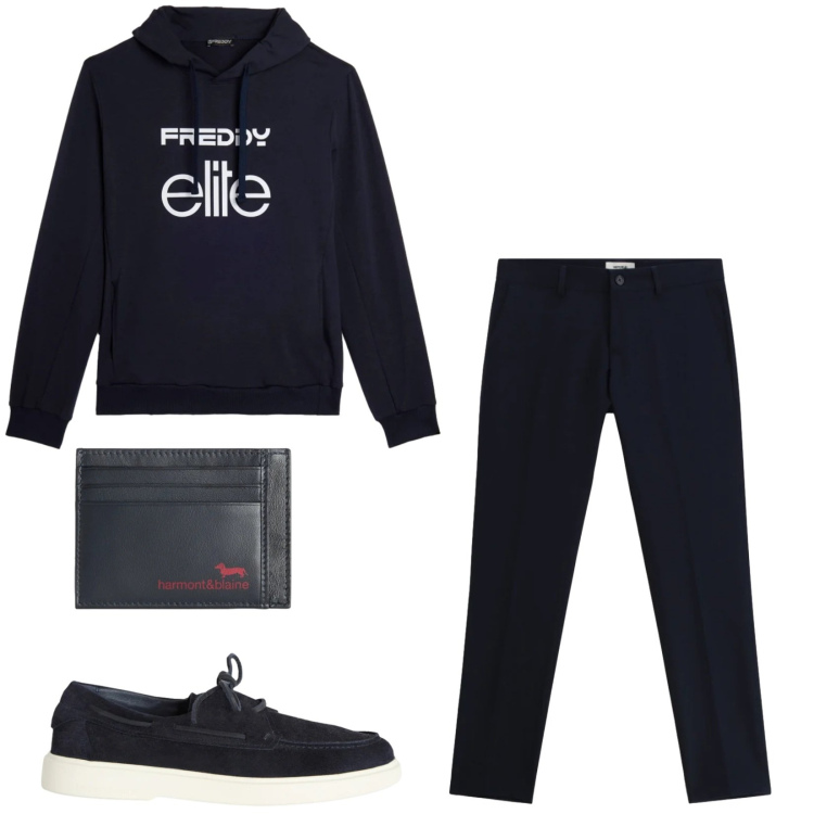 Outfit uomo - Total look #2346570. Stile Casual per Tutti i giorni. Abbinamento con scarpe stringate, portafogli, pantaloni, felpe con cappuccio.