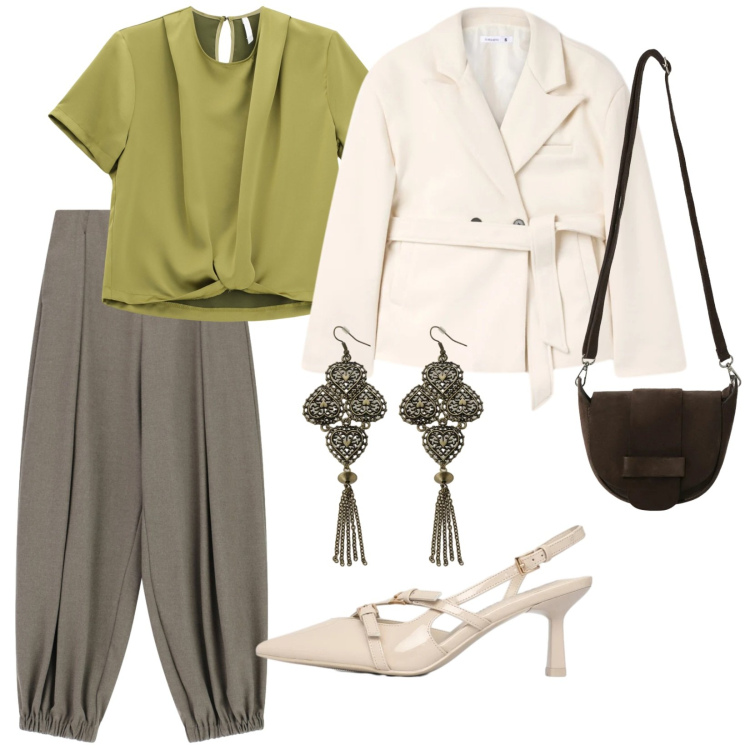 Outfit donna - Con amiche. per Tutti i giorni. Abbinamento con bluse, pantaloni a palazzo, blazer, décolleté, borse a tracolla, orecchini.