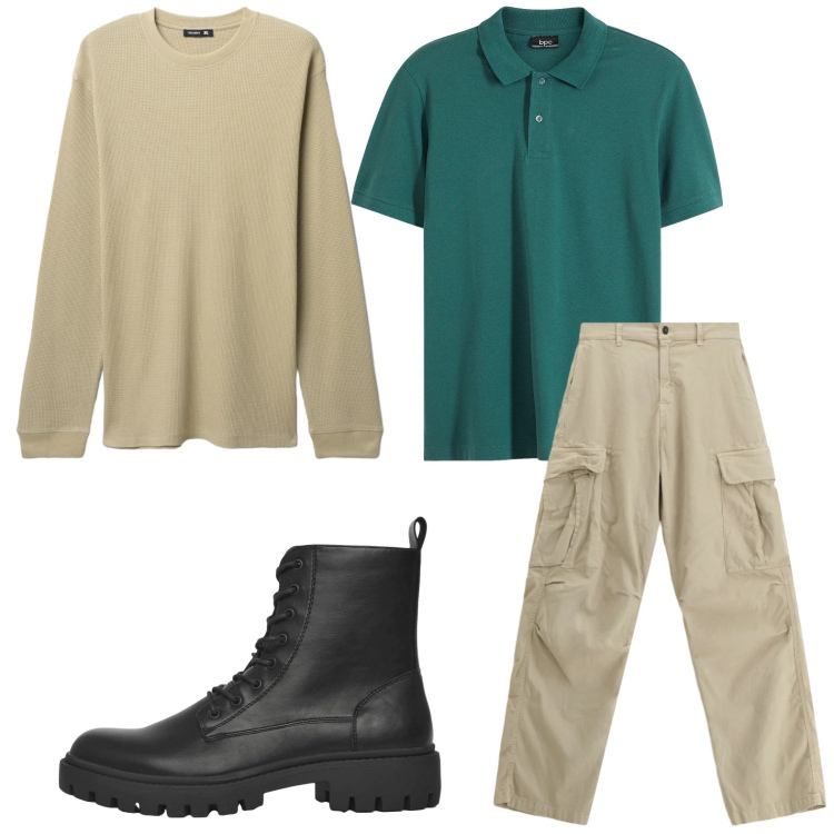 Outfit uomo - I cargo panna. Stile Trendy per Tutti i giorni. Abbinamento con polo, anfibi, maglieria, pantaloni cargo.