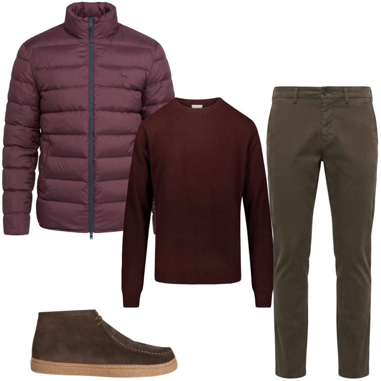 Outfit uomo - Total look #2346574. Stile Trendy per Ufficio. Abbinamento con stivali e stivaletti, pantaloni chino, bomber, maglieria.