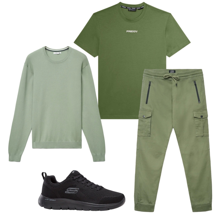 Outfit uomo - Total look #2346583. Stile Trendy per Sport. Abbinamento con sneakers, maglieria, pantaloni cargo, t-shirt.
