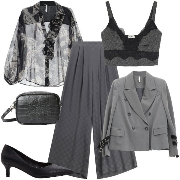 Outfit donna - Aperitivo dopo il lavoro. Stile Trendy per Ufficio. Abbinamento con décolleté, camicie, blazer, borse a tracolla, top, pantaloni a palazzo.