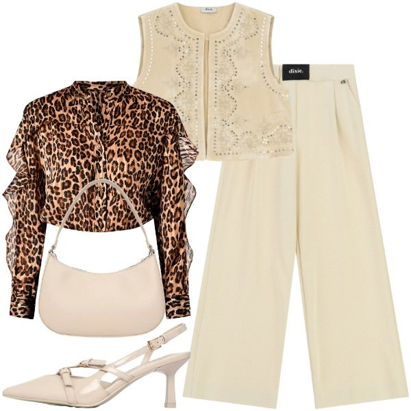 Outfit donna - Sapersi distinguere. Stile Etnico per Serata fuori. Abbinamento con décolleté, borse a tracolla, gilet, pantaloni a palazzo, camicie.