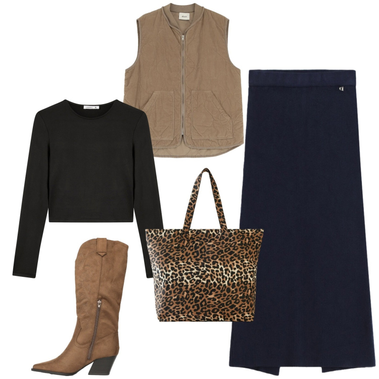 Outfit donna - Total look #2346602. Stile Urban per Tutti i giorni. Abbinamento con shopping bag, t-shirt, stivali, gonne lunghe, gilet.