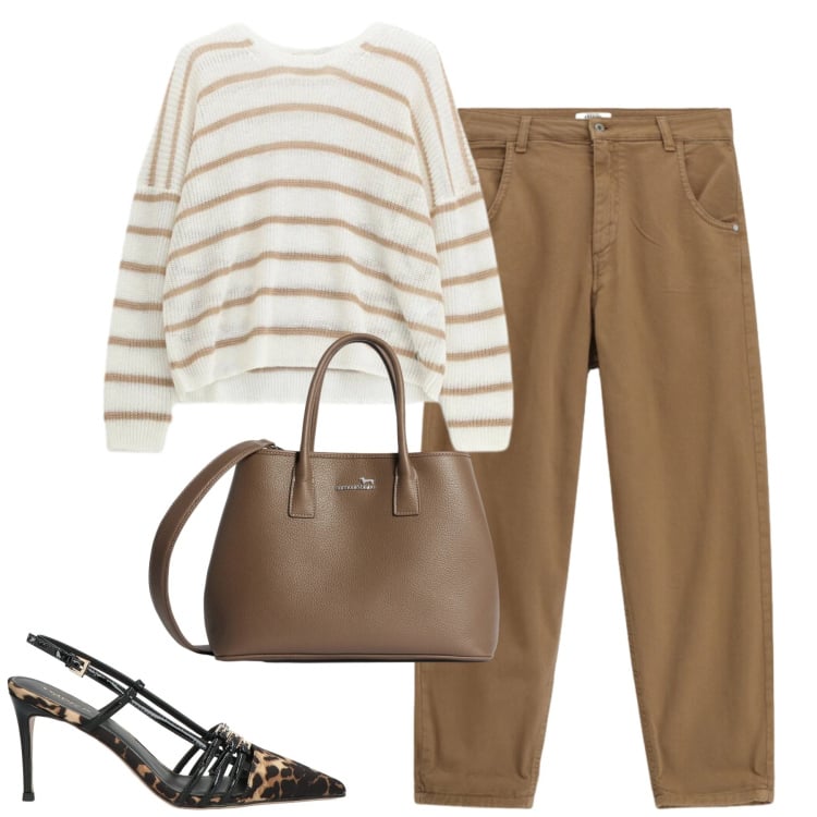 Outfit donna - City. Stile Casual chic per Tutti i giorni. Abbinamento con décolleté, borse a tracolla, maglieria, pantaloni.