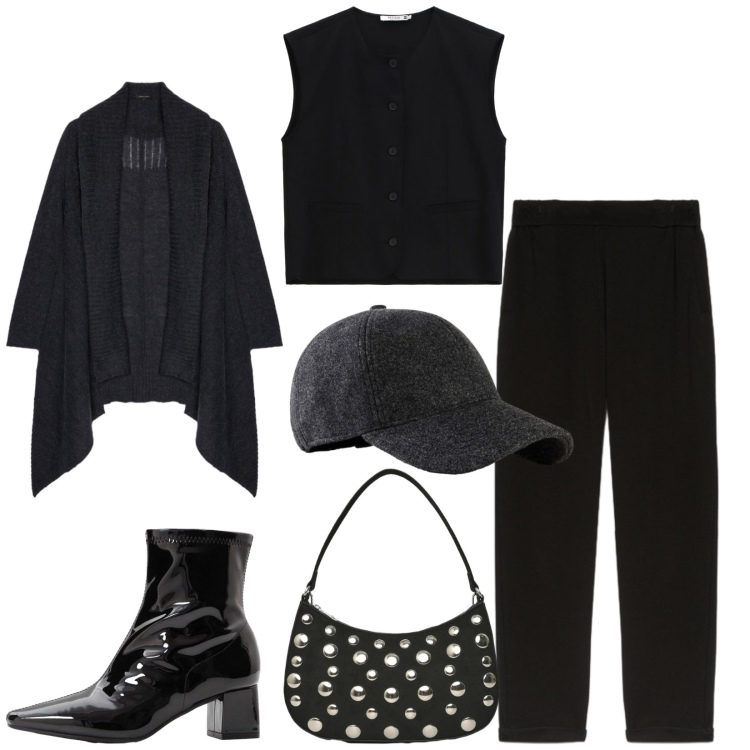 Outfit donna - Total look #2346608. Stile Urban per Serata fuori. Abbinamento con stivaletti, cappelli con visiera, borse a tracolla, cardigans, pantaloni, gilet.