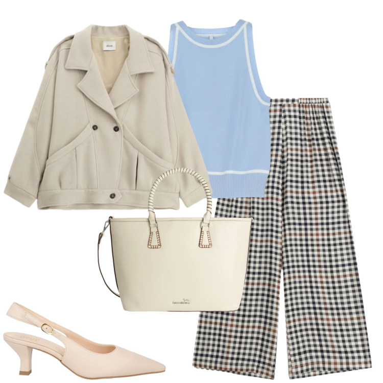 Outfit donna - City. Stile Urban per Tutti i giorni. Abbinamento con décolleté, shopping bag, pantaloni a palazzo, top, blazer.