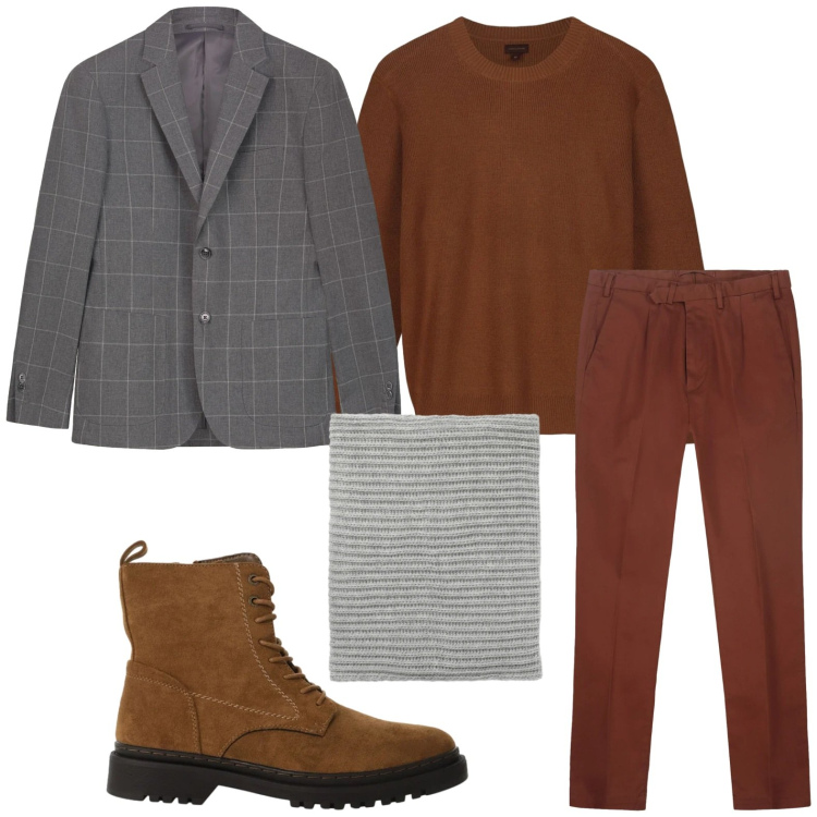 Outfit uomo - I pantaloni ruggine. Stile Trendy per Tutti i giorni. Abbinamento con anfibi, scaldacollo, pantaloni, maglieria, giacche.