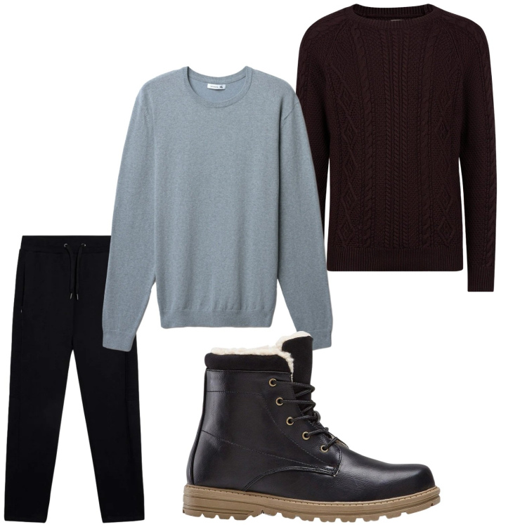 Outfit uomo - Casual. Stile Casual per Tutti i giorni. Abbinamento con stivali e stivaletti, maglieria, pantaloni, maglieria.