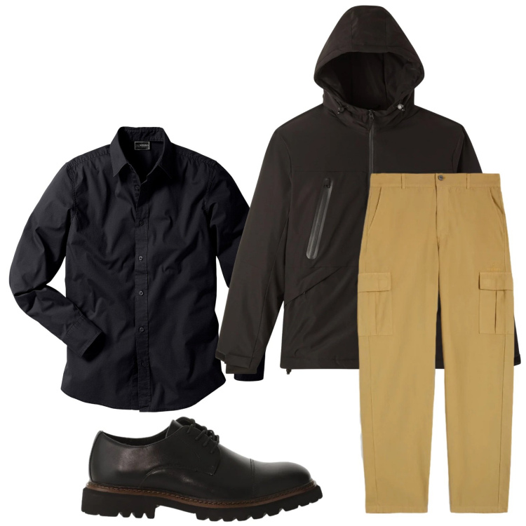 Outfit uomo - Sporty chic. Stile Casual per Tutti i giorni. Abbinamento con camicie, giacche, scarpe stringate, pantaloni cargo.