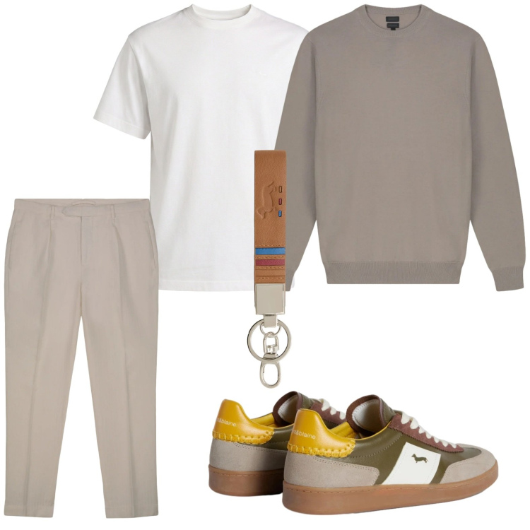 Outfit uomo - Il portachiavi moderno. Stile Trendy per Tutti i giorni. Abbinamento con sneakers, portachiavi, t-shirt, pantaloni, maglieria.