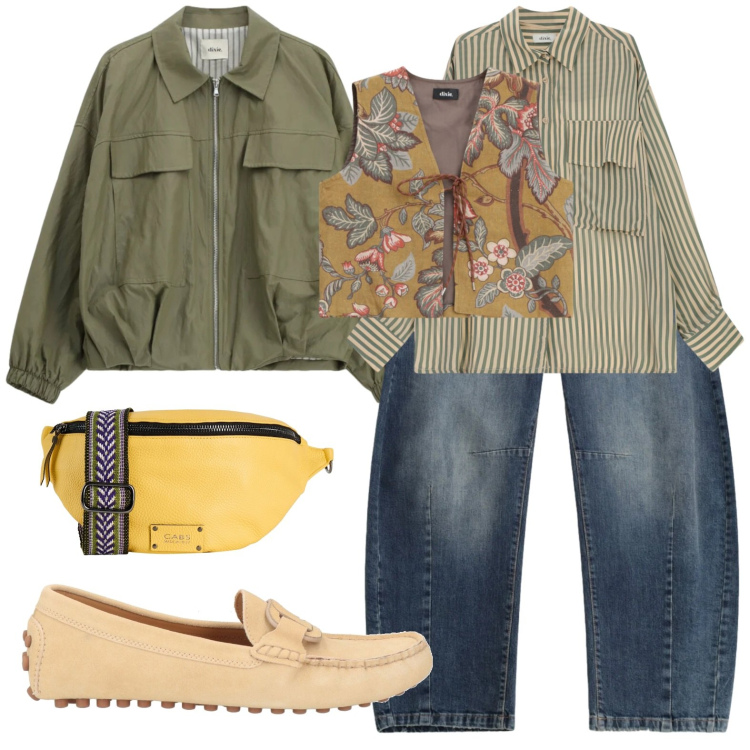 Outfit donna - Gilet a fiori a passeggio. Stile Casual chic per Tutti i giorni. Abbinamento con marsupi, mocassini, jeans, bomber, gilet, camicie.