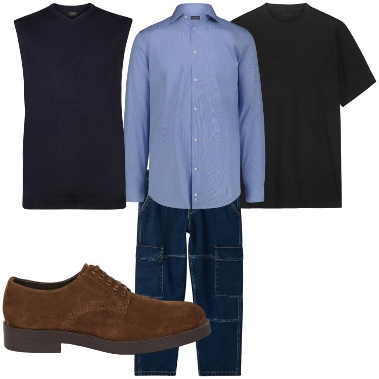 Outfit uomo - Strati. Stile Trendy per Tutti i giorni. Abbinamento con jeans, gilet, scarpe stringate, t-shirt, camicie.