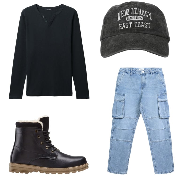 Outfit uomo - Minimal. Stile Casual per Tutti i giorni. Abbinamento con stivali e stivaletti, cappelli con visiera, t-shirt, jeans.