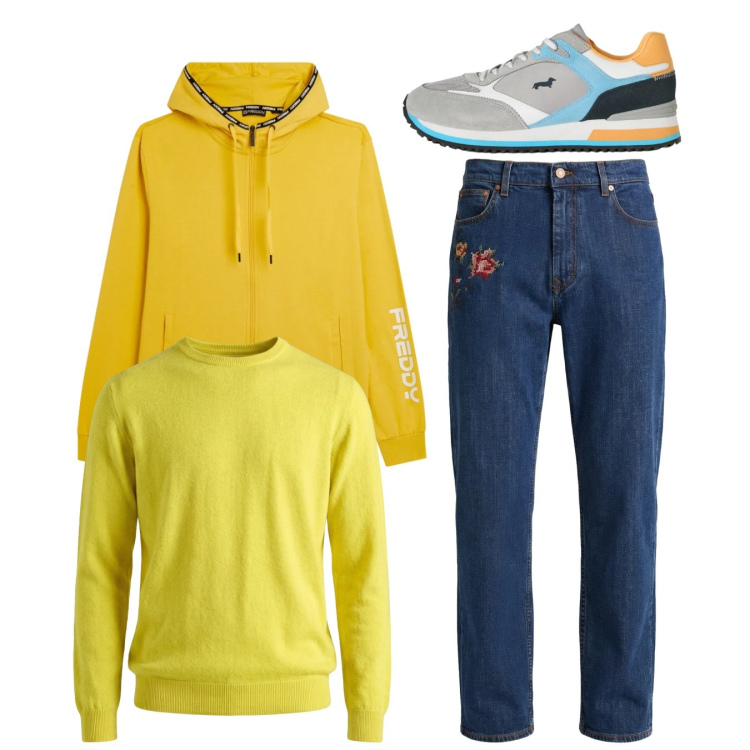 Outfit uomo - City. Stile Casual per Tutti i giorni. Abbinamento con sneakers, maglieria, jeans, felpe con cappuccio.