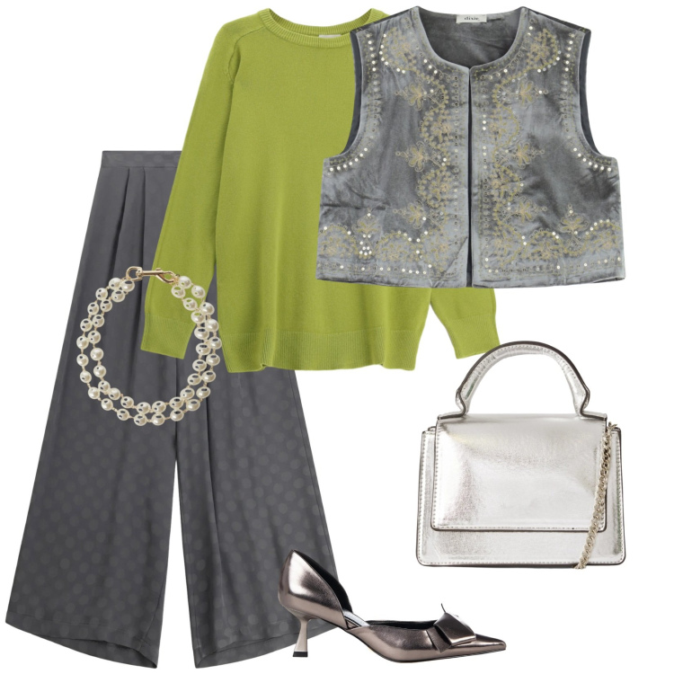 Outfit donna - Organizziamo una serata. per Serata fuori. Abbinamento con borse a tracolla, gilet, pullovers, braccialetti, pantaloni a palazzo, décolleté.