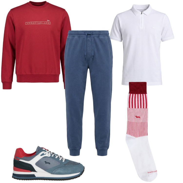 Outfit uomo - Total look #2346722. Stile Trendy per Sport. Abbinamento con sneakers, felpe, polo, pantaloni, calzini.