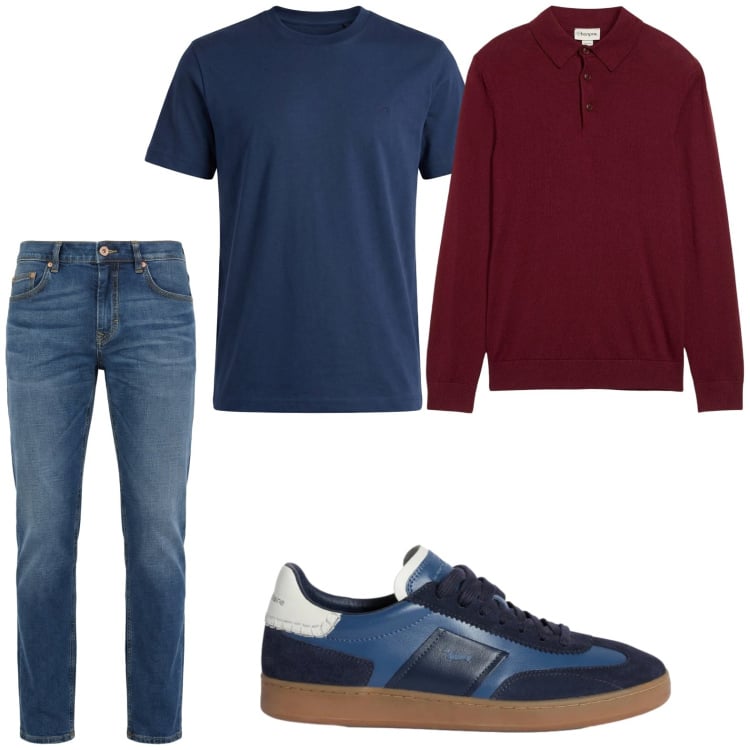 Outfit uomo - Blu e rosso. Stile Trendy per Tutti i giorni. Abbinamento con maglieria, sneakers, jeans, t-shirt.