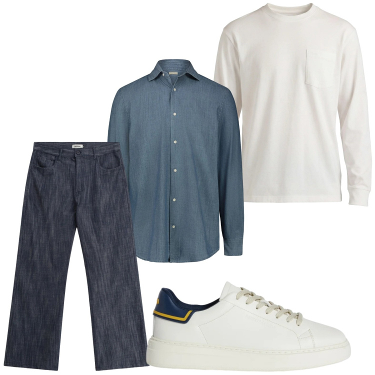 Outfit uomo - Minimal. Stile Trendy per Tutti i giorni. Abbinamento con sneakers, t-shirt, jeans, camicie.