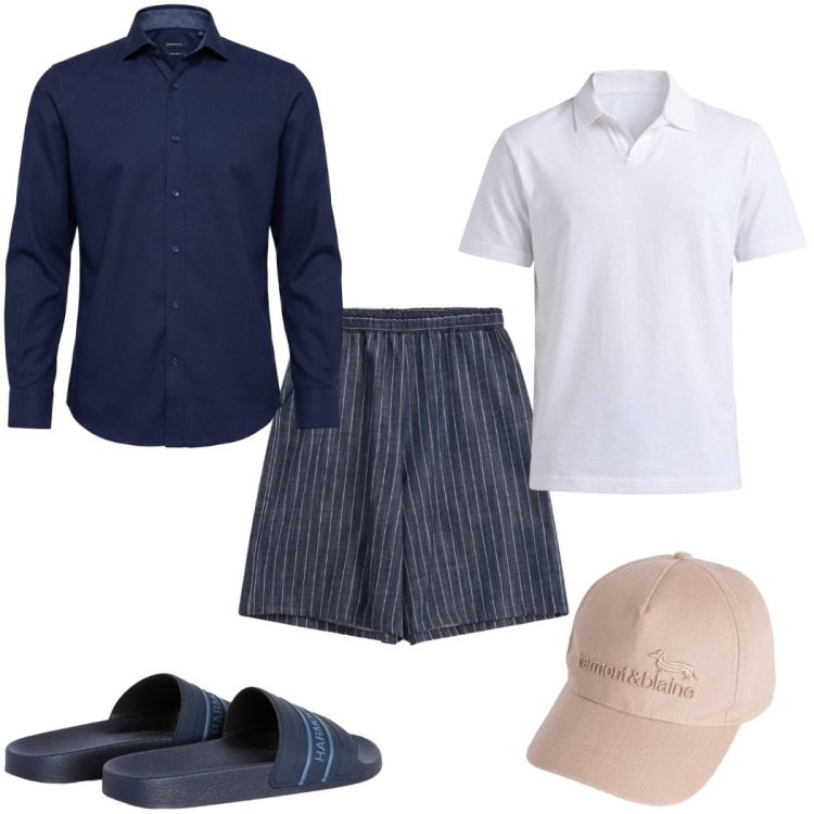 Outfit uomo - Total look #2346731. Stile Trendy per Mare. Abbinamento con cappelli, sandali, polo, camicie, bermuda.