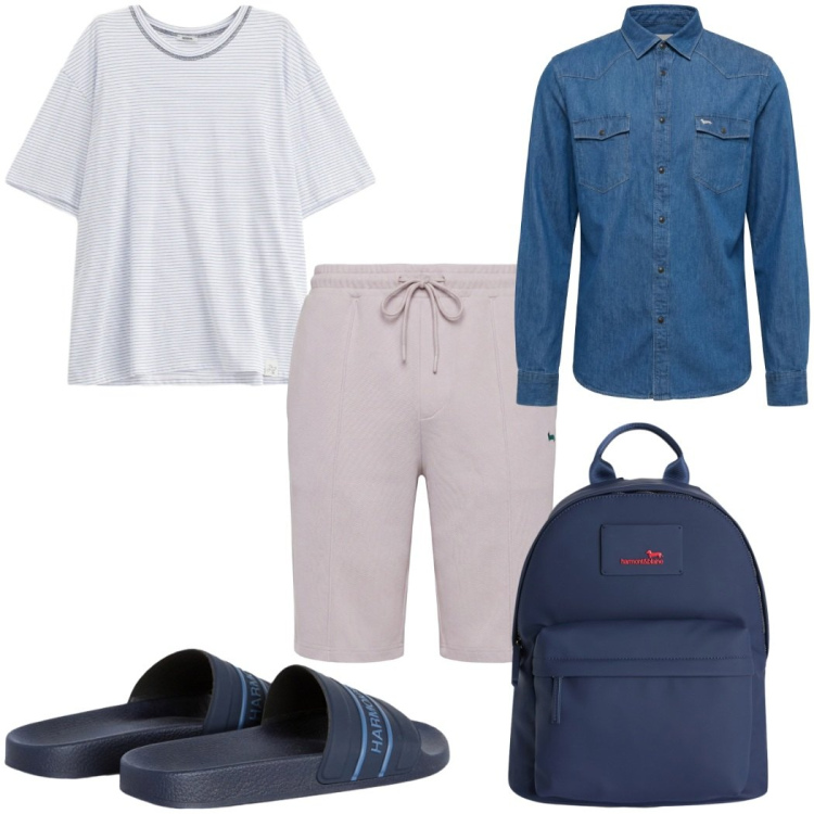 Outfit uomo - Total look #2346739. Stile Trendy per Mare. Abbinamento con camicie, sandali, pantaloni corti, borse sportive, t-shirt.