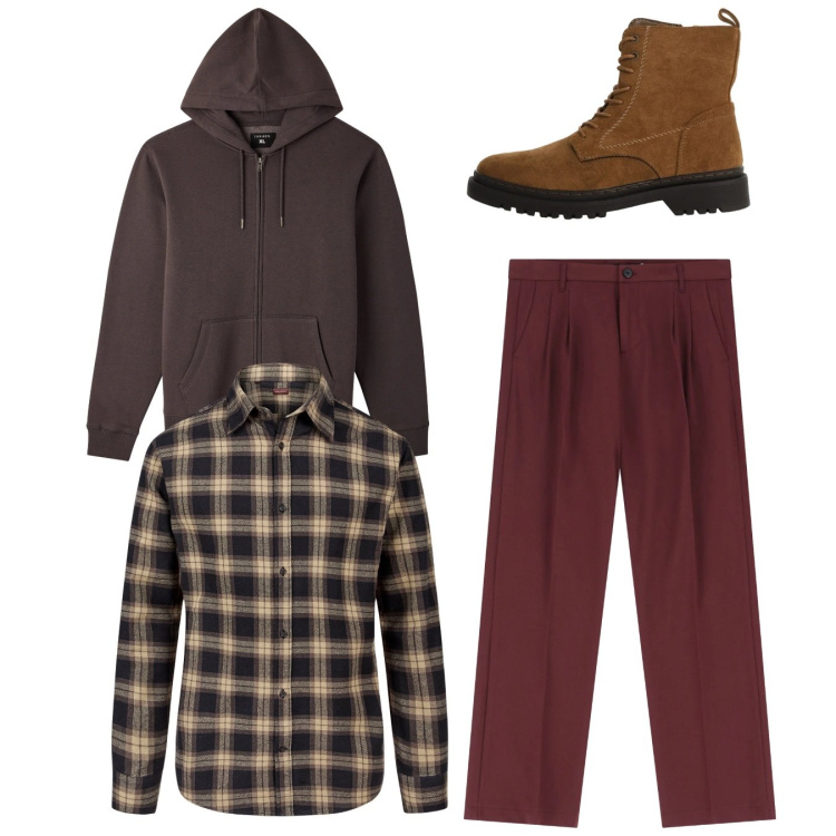 Outfit uomo - Total look #2346743. Stile Casual per Tutti i giorni. Abbinamento con felpe con cappuccio, pantaloni, anfibi, camicie.